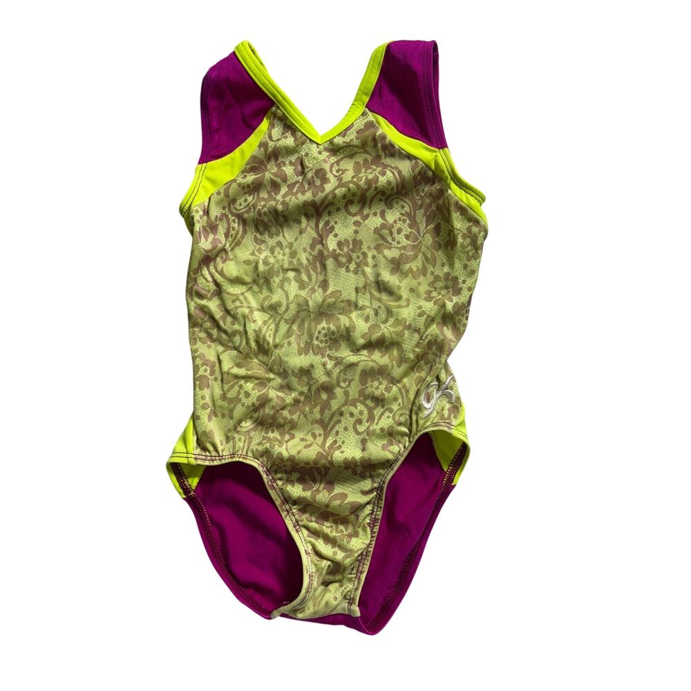 GK Floral Gymnastics Leotard  Yellow and Purple Size Child Medium